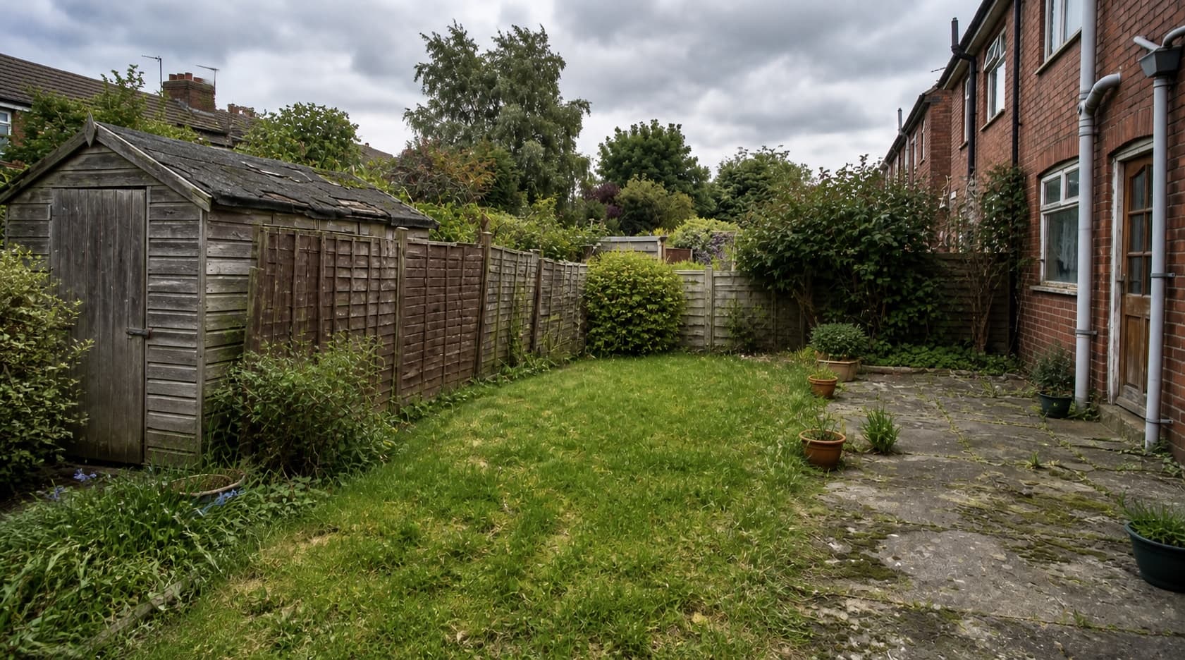 A naturally untidy back garden with an aged timber shed and worn patio before landscaping