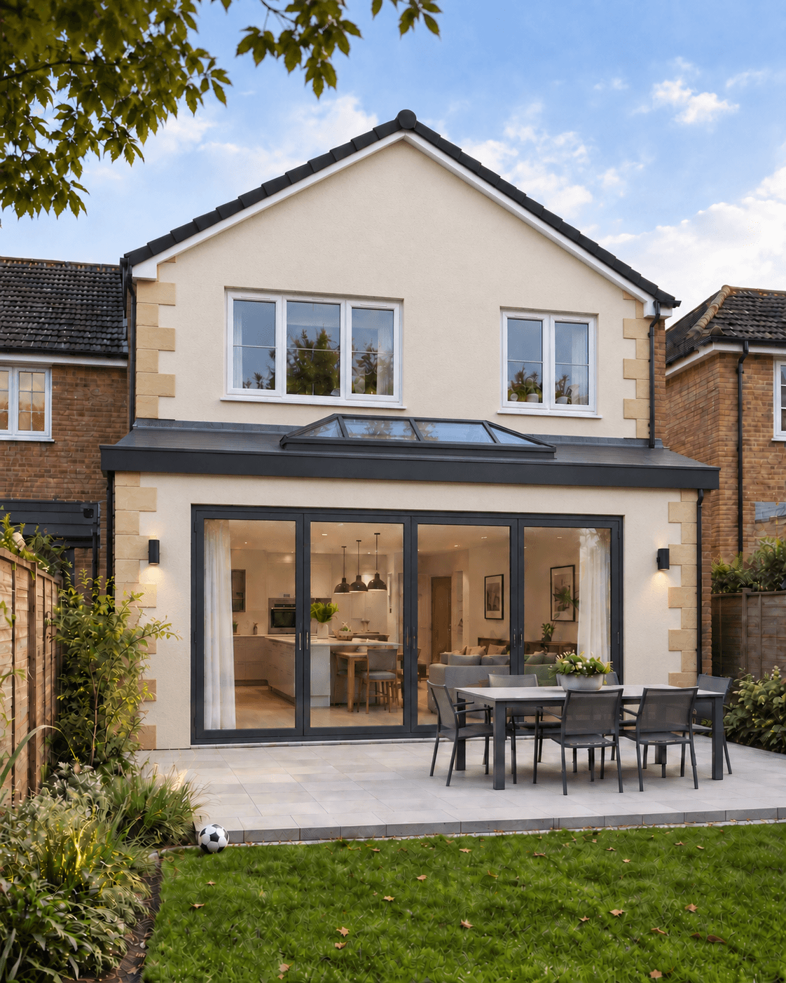 A typical UK family home with a rendered two-storey rear extension, natural sandstone corner quoins, a rear-facing gable and a flat ground-floor roof with a glazed lantern