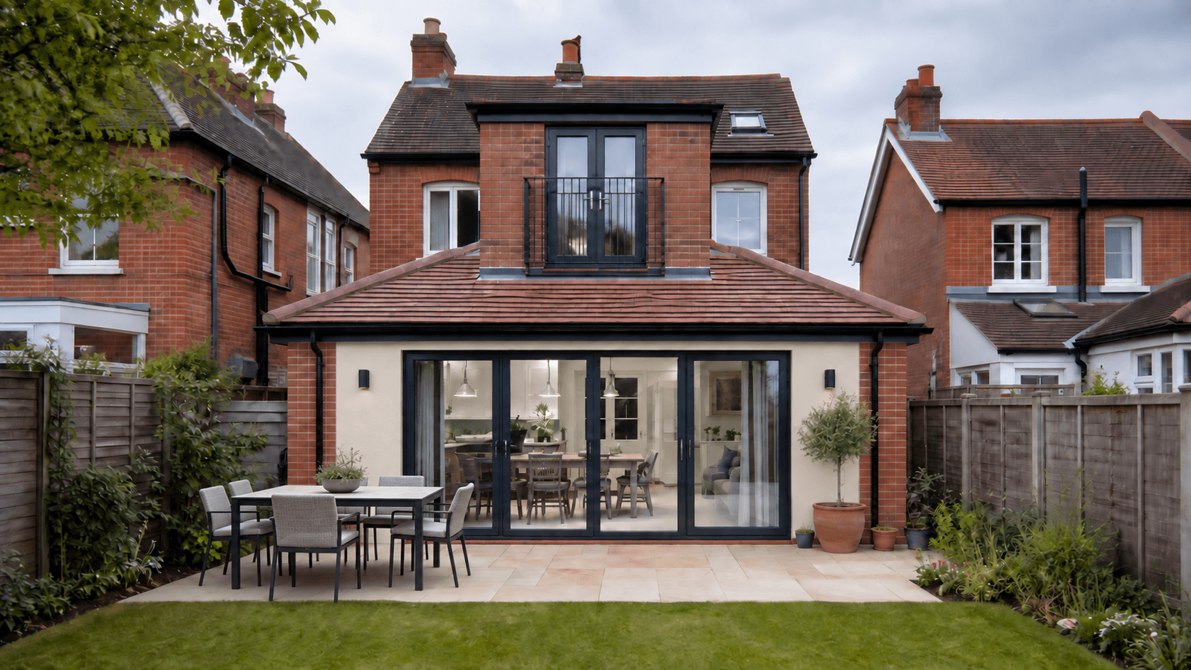 A typical UK brick family home with a part-rendered pitched-roof rear extension, brick corner detailing, broad garden glazing, neutral-white interior lighting and modern outdoor dining