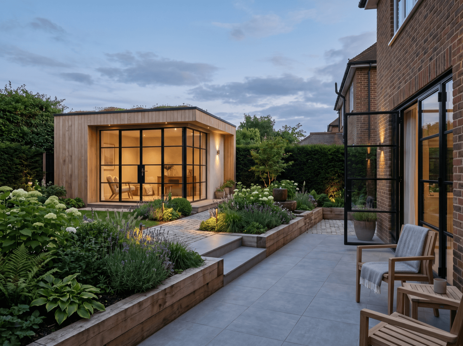 A glazed garden room opening onto a landscaped back garden at dusk