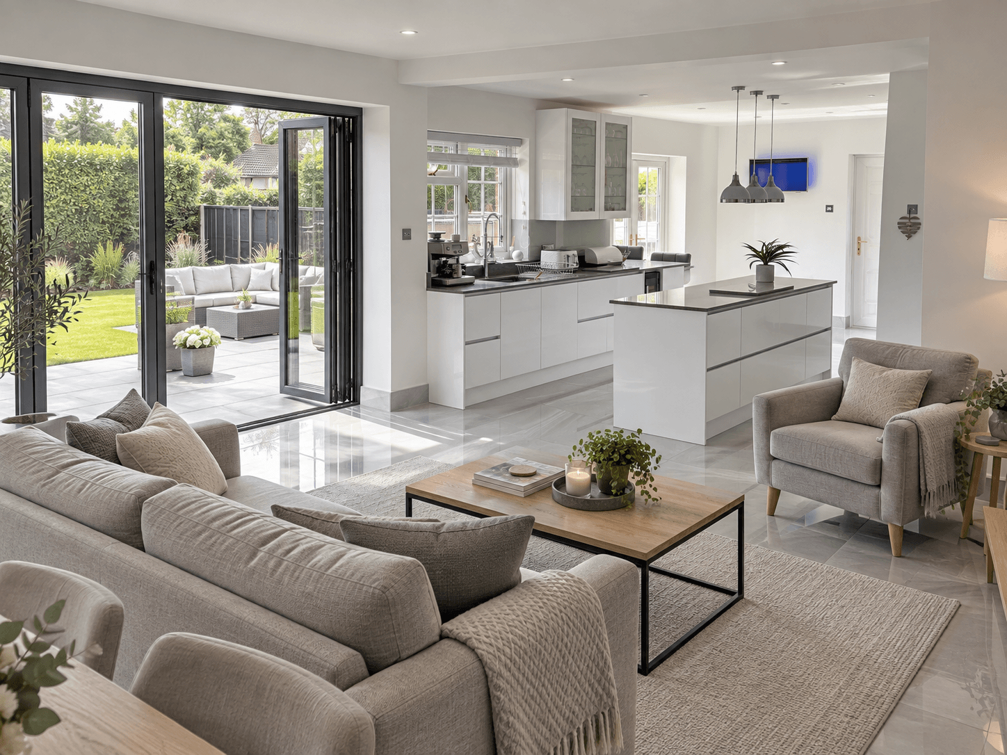 A bright open-plan family refurbishment with a comfortable living area, white and grey kitchen, and bifold doors opening onto the garden