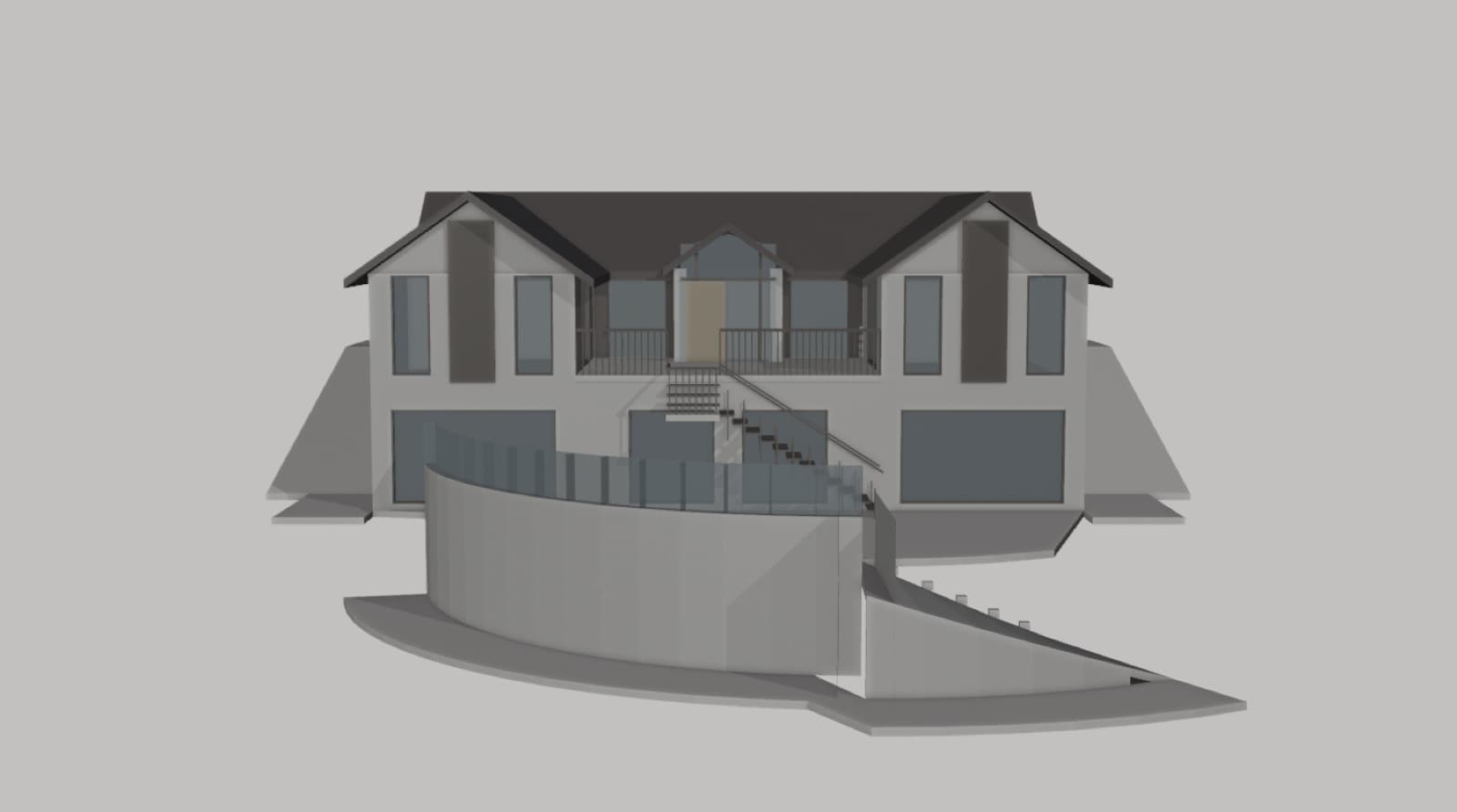 The same east-facing elevation of Green Gables rebuilt as a 3D model