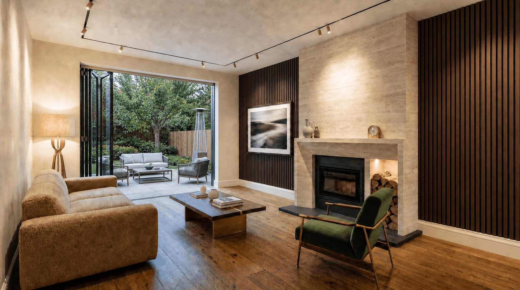 The same room refurbished with oak floors, vertical walnut acoustic panelling, a stone fireplace and open bifold doors onto a porcelain garden terrace