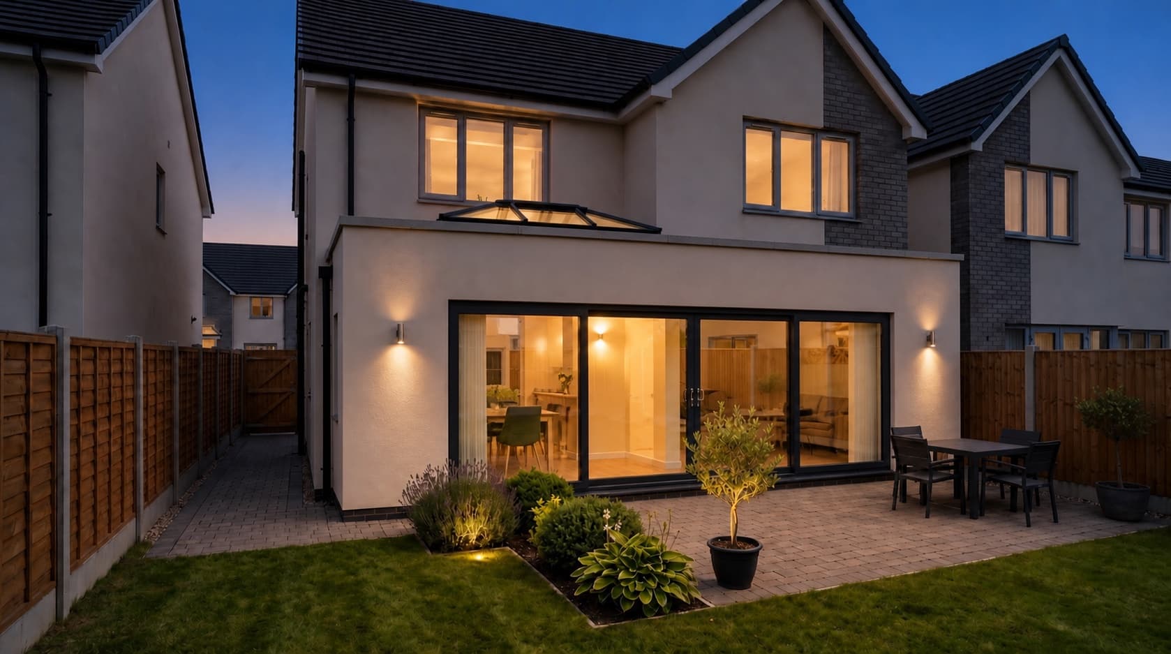 The same modern house at dusk, with a larger warmly lit matching rear extension, broad glazing, roof lantern and subtle garden lighting