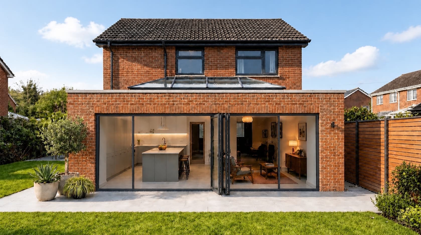 The same renovated rear on a sunny day, with a modern white and grey kitchen, partly open slim-framed bifold doors, a roof lantern and contemporary cedar fencing