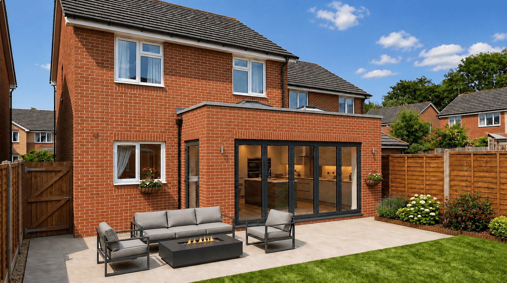 The same home on a bright sunny day with a generous brick rear extension, bifold doors and a porcelain patio with contemporary seating around a fire pit