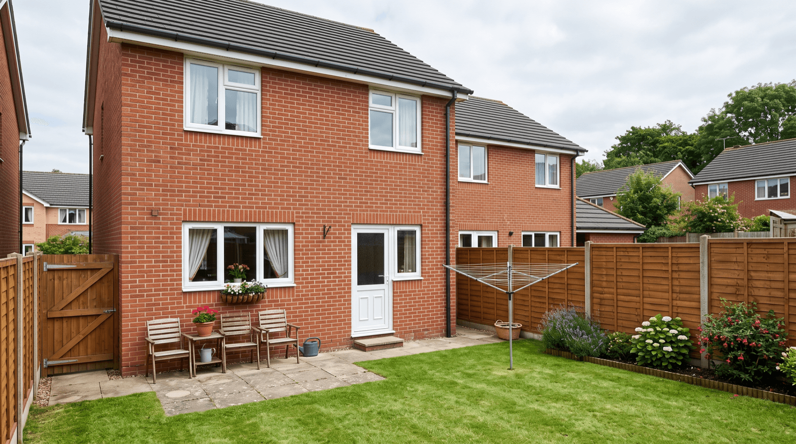 The rear of a tidy, well-kept semi-detached home with a mown lawn, before extending