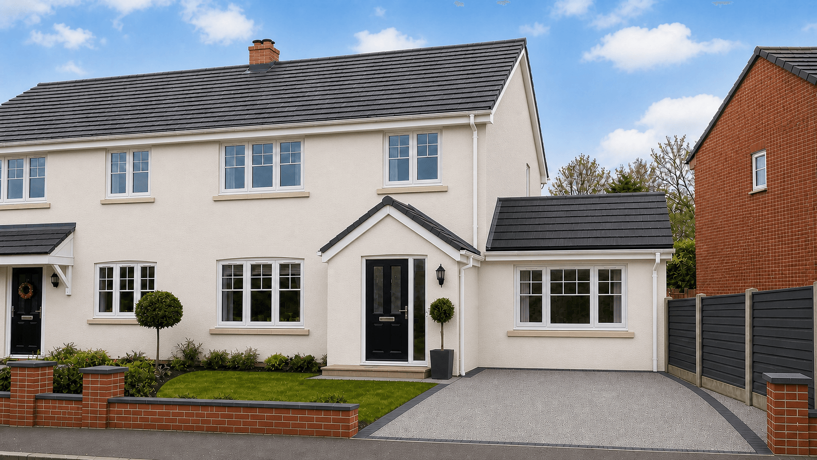 The same rendered semi-detached home on a brighter day with an integrated side extension, apex entrance porch, resin-bound driveway, new front wall and charcoal composite fencing