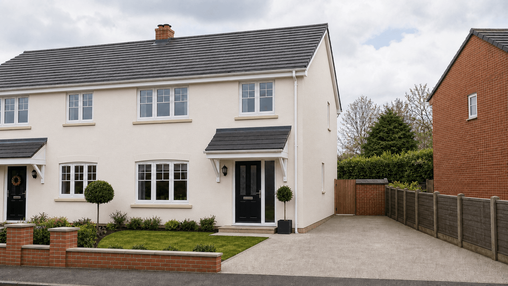 A contemporary warm-white rendered semi-detached family home with an open side driveway before extending