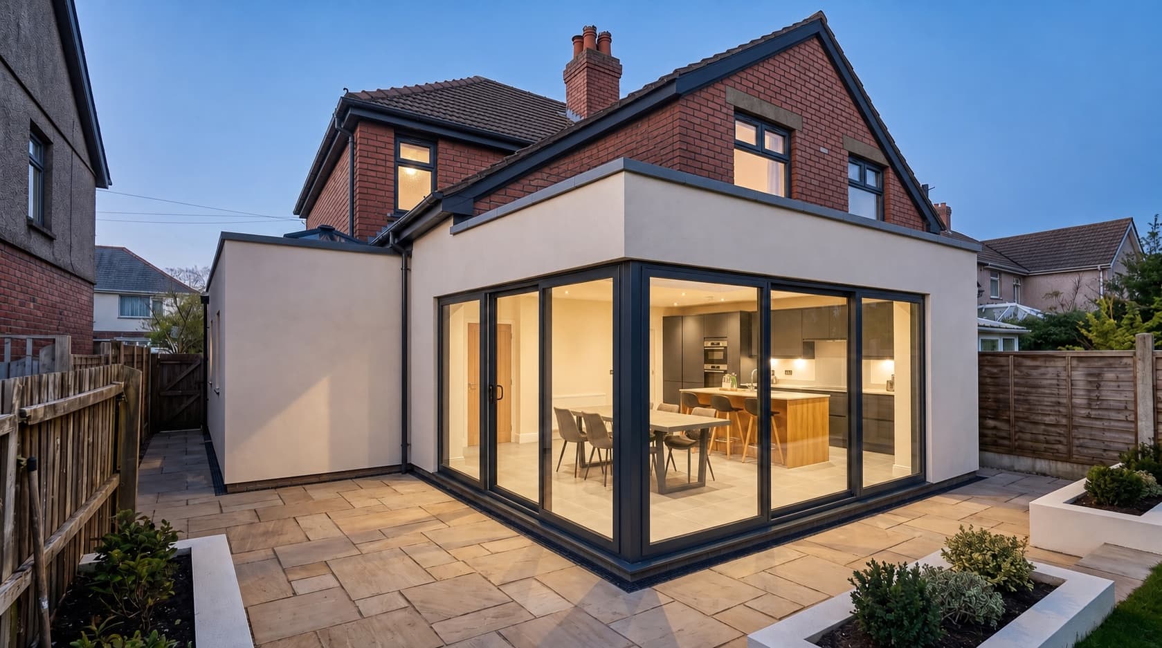A fully renovated brick house with new windows and fascia, a contemporary wrap-around extension, corner glazing and a paved courtyard